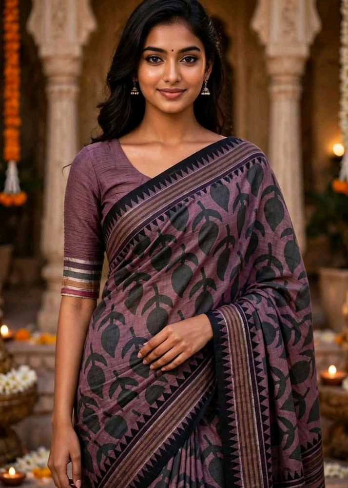 Beautiful pure cotton Printed Purple Saree