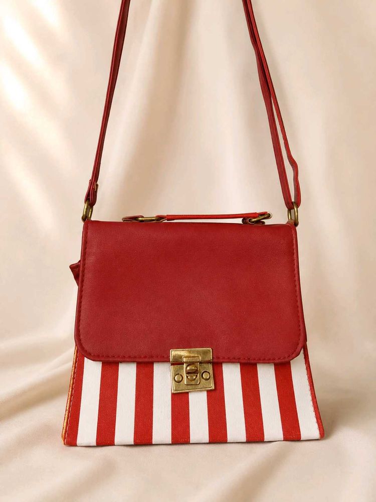 Red &amp; White Striped box sling Bag