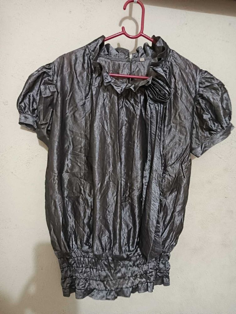 Shiny Grey Puff Sleeve top