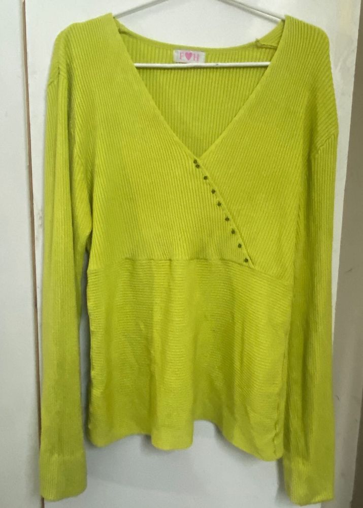 Y2K Lime Green Ribbed V-Neck Top