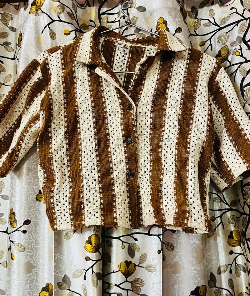 Crochet Striped Cropped Shirt