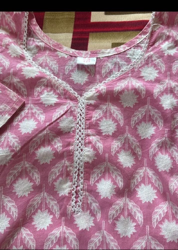 Pink Printed Cotton Kurta with Lace Detail