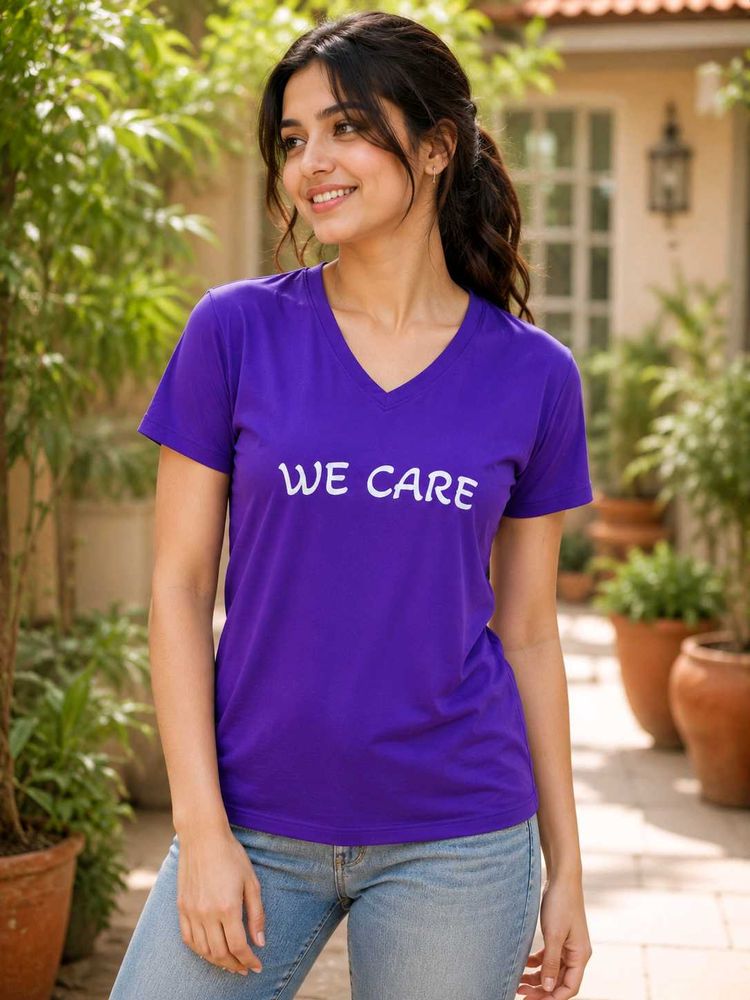 Purple "WE CARE" V-Neck T-Shirt