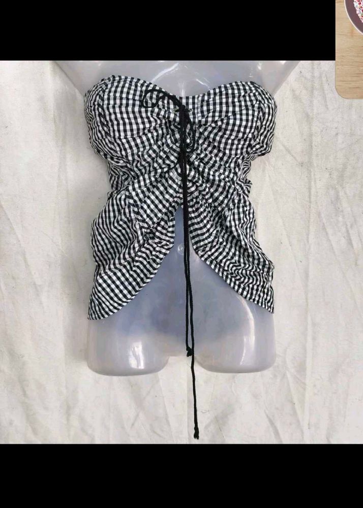Gingham Strapless Ruched Top