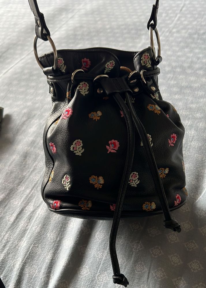 Black Embroidered Drawstring Bucket Bag