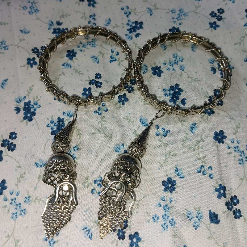 Elegant Silver Bangles with Tassel Charms