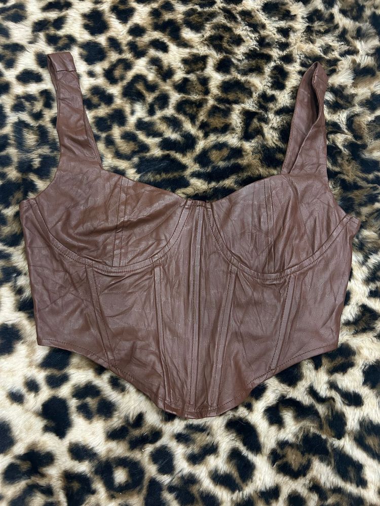 Pretty Little Thing Brown Faux Leather Corset Top