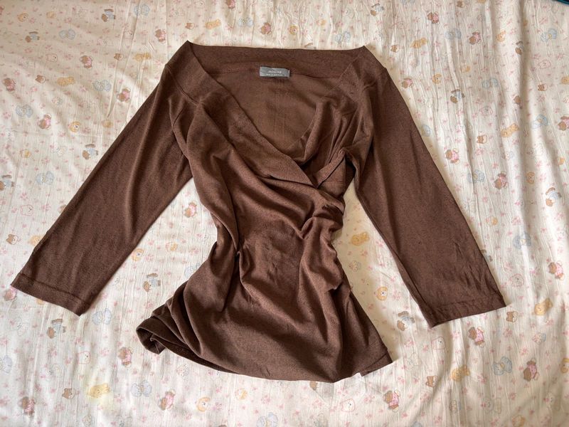 Brown Wrap Long Sleeve Top