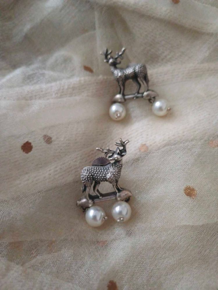 Brass Reindeer &amp; Pearl Stud Earrings