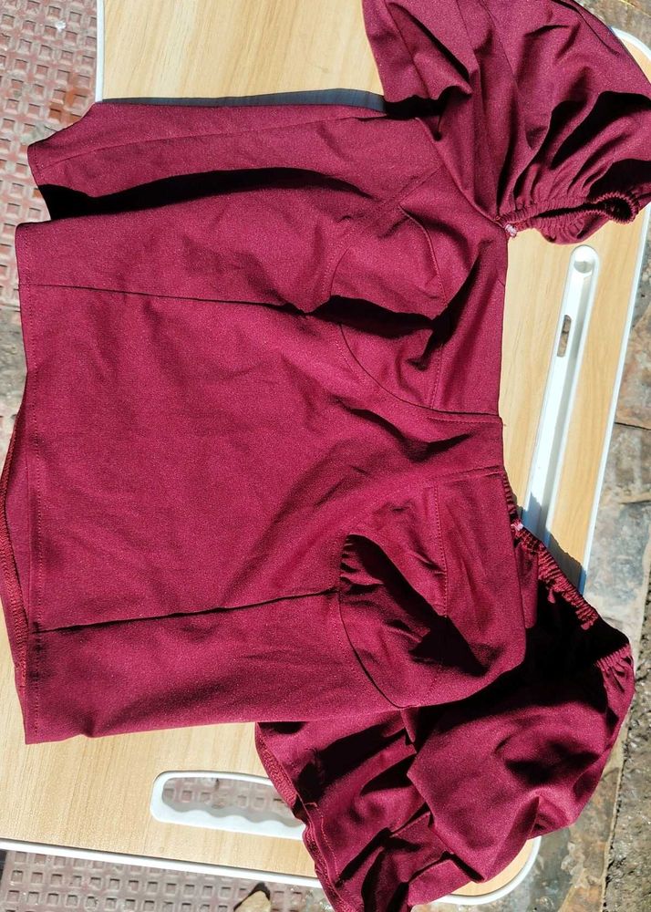 Maroon Puff Sleeve Crop Top
