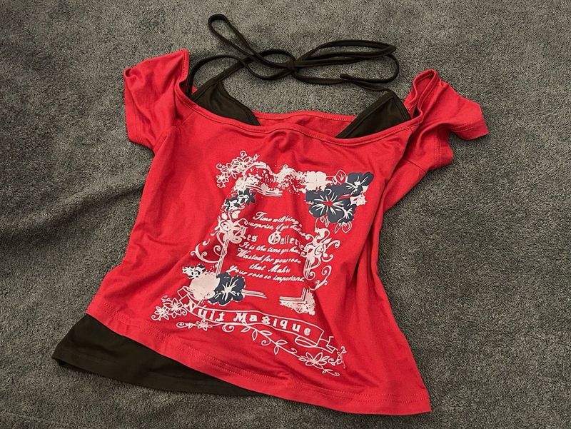 Cute Red Layered T-Shirt with Graphic Print