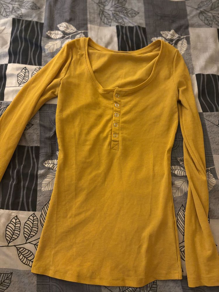 Yellow Ribbed Henley Top