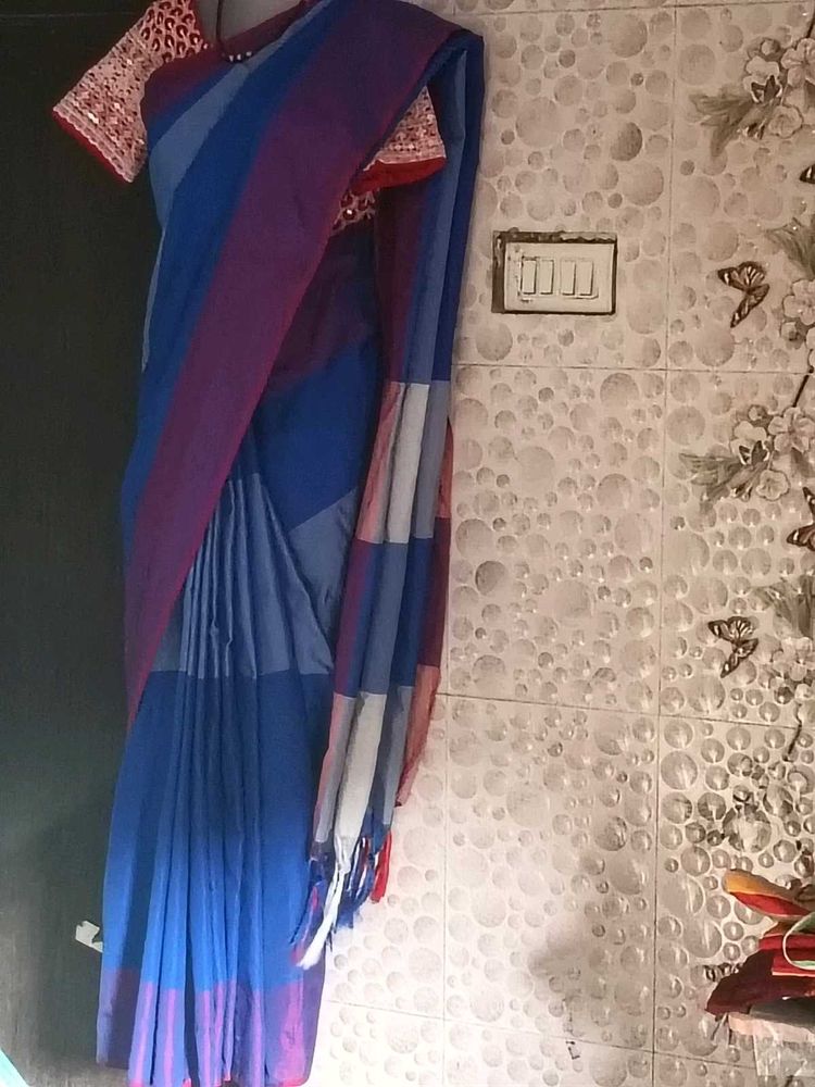 2-SareesCombo-New Maroon&amp;Blue+With+RedBorder Cott