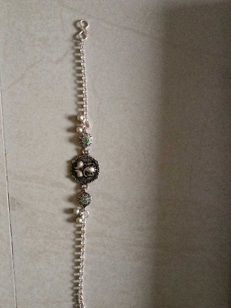 Silver Anklet with Green Stone and Charm