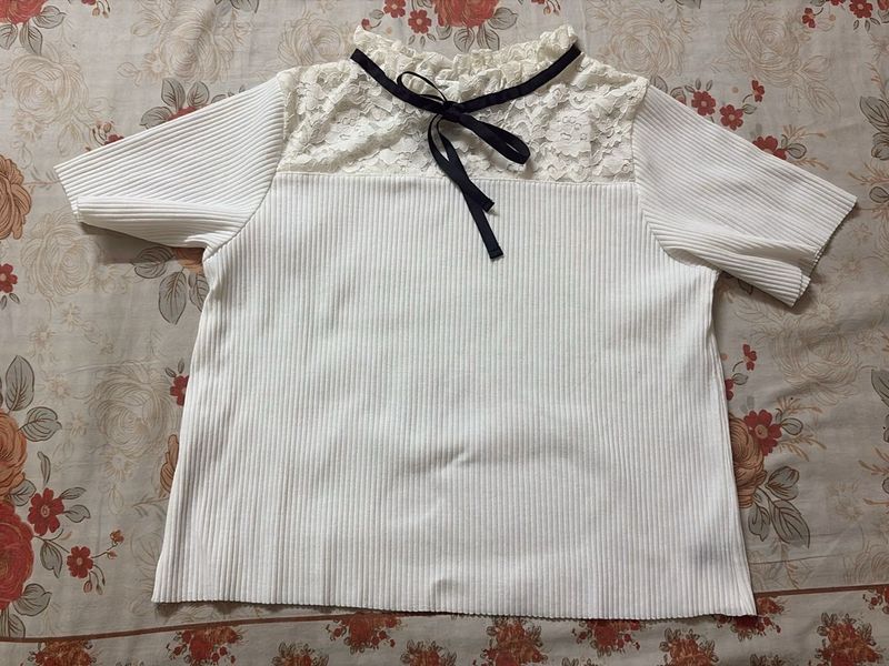 White Lace Trim Top with Bow