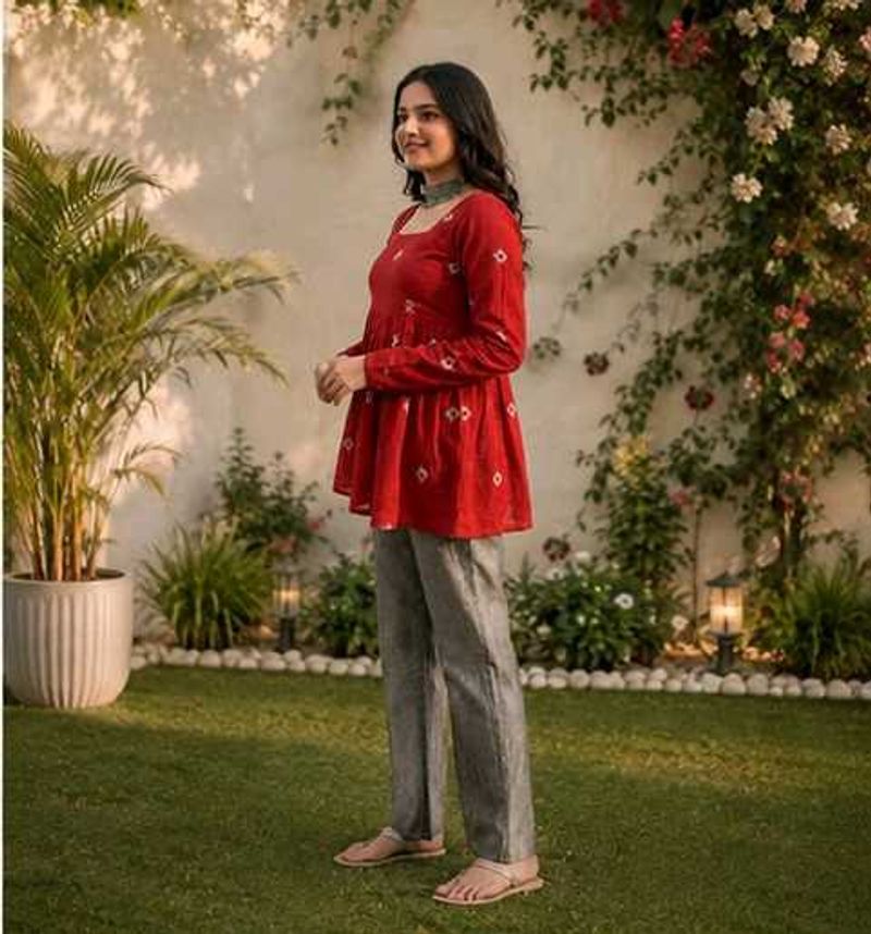 Red Printed Peplum Kurta _M