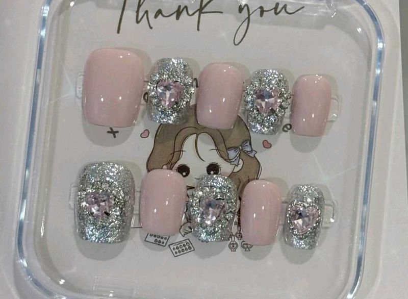 Pink &amp; Silver Heart Press-On Nails