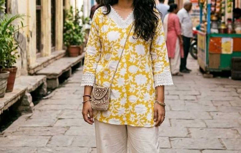 Yellow Floral Kurta with White Lace Detail