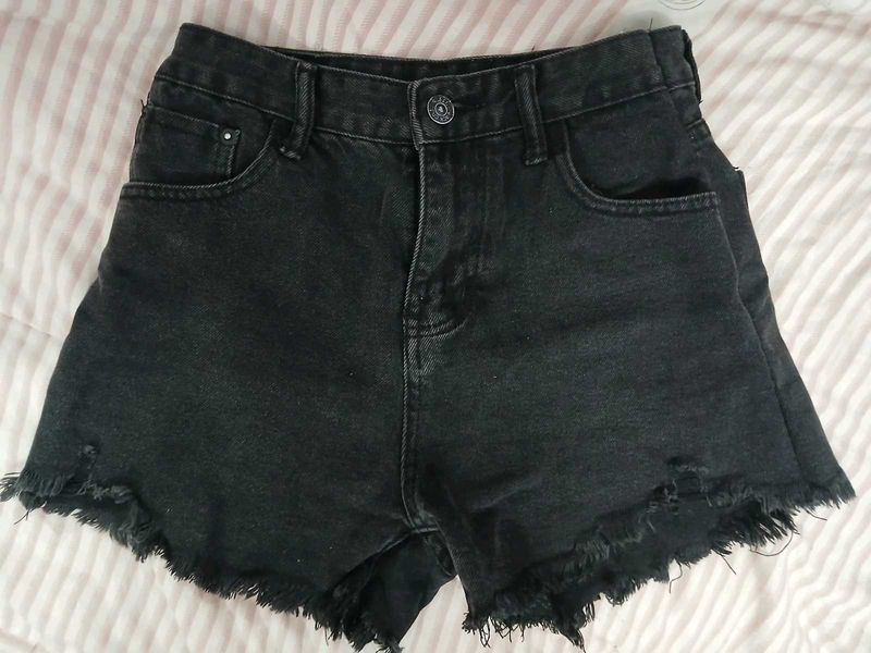 Black Denim Distressed Shorts