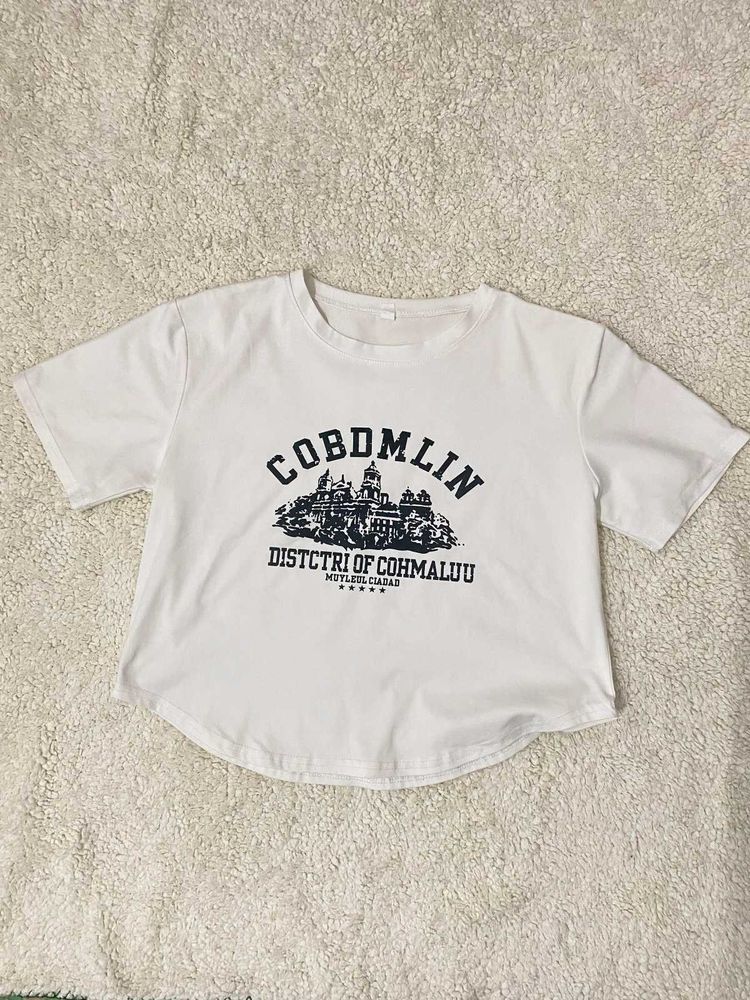 White Graphic Print Crop T-Shirt