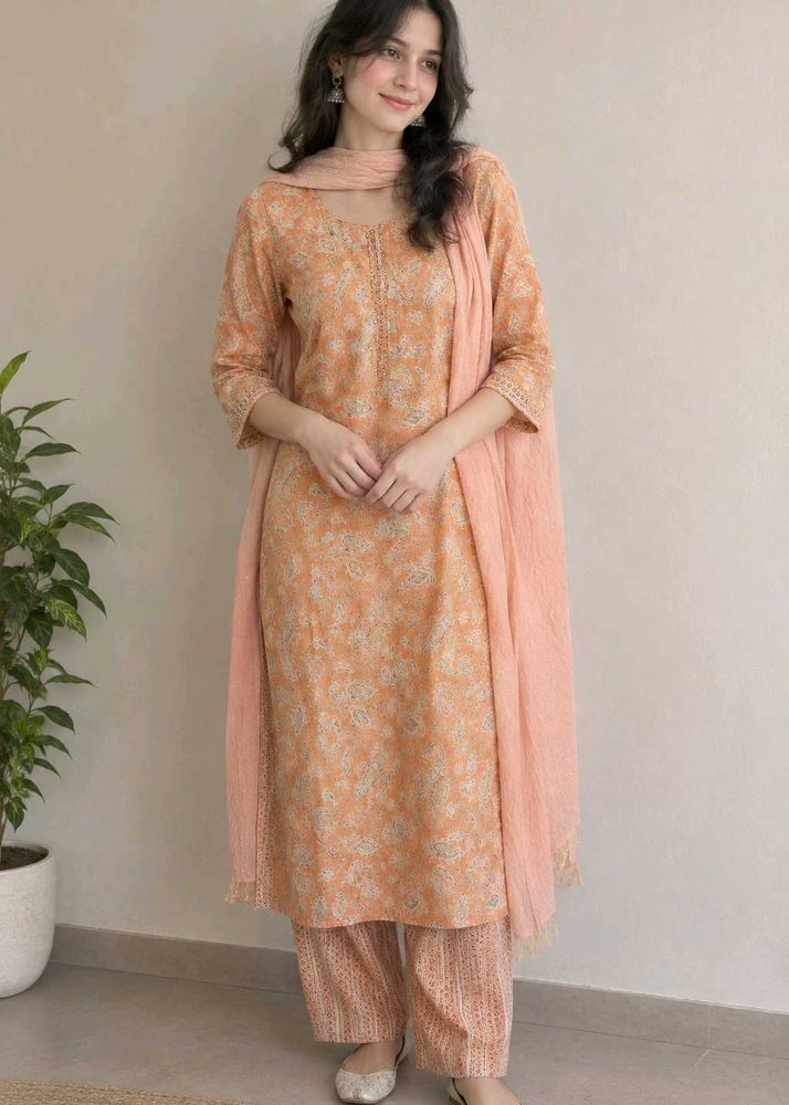 Peach light Orange Floral Kurta Set w dupatta