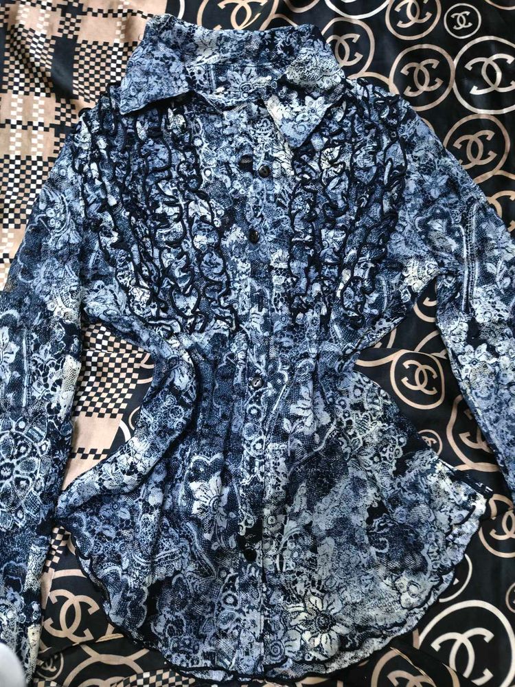 Blue Floral Print Ruffled Blouse