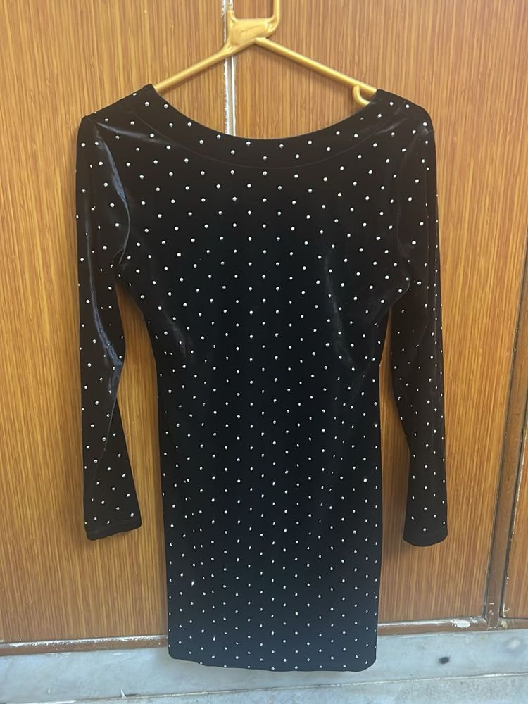 Black Velvet Embellished Dot Mini Dress