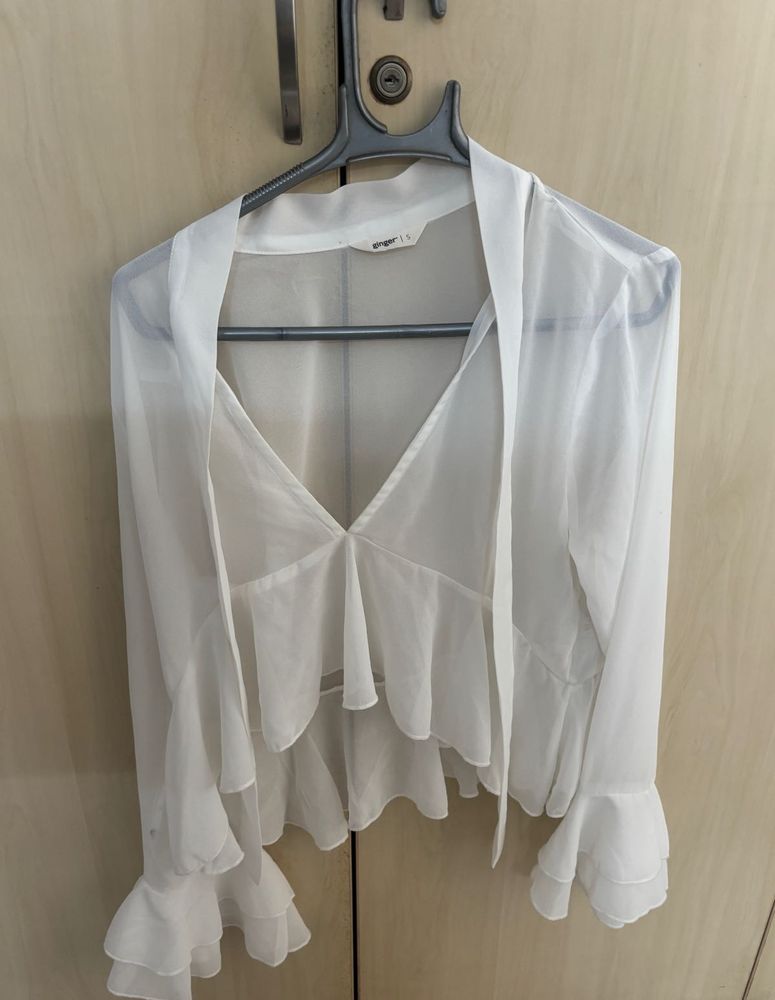 Sheer White transparent Ruffle Sleeve Top