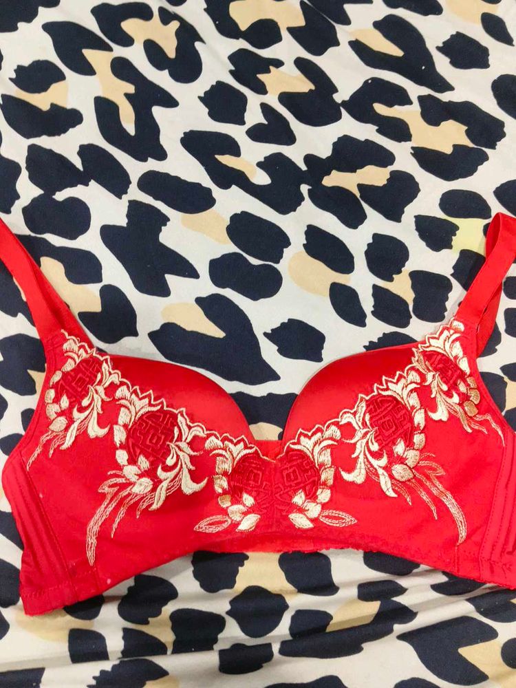 Red Embroidered Bra