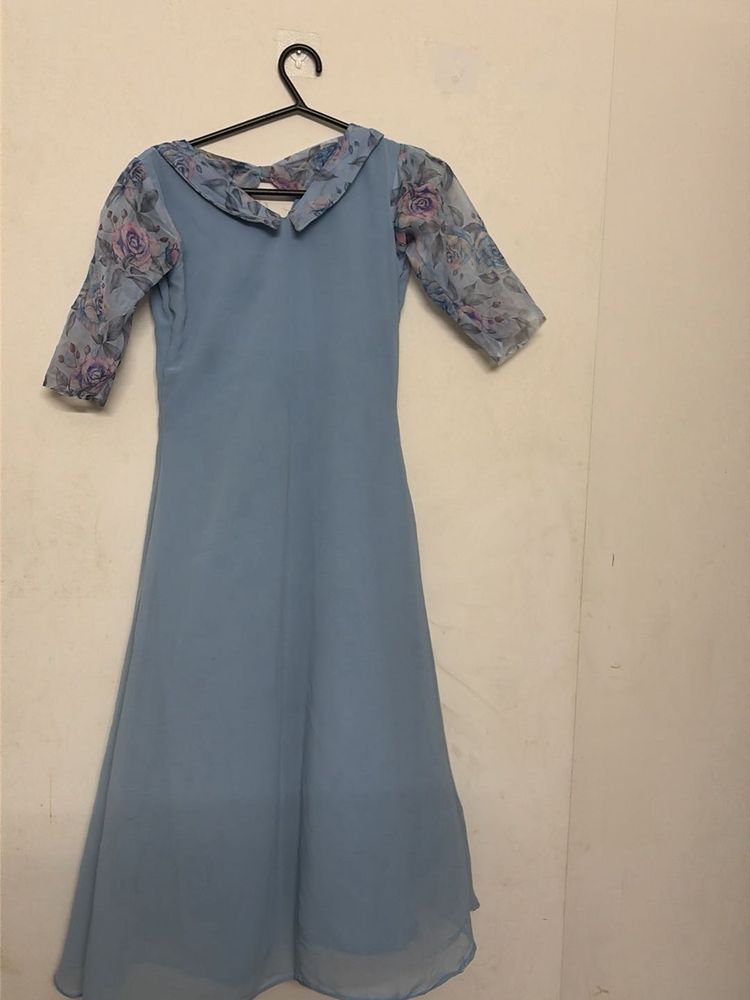 Blue Floral Sleeve A-Line Dress