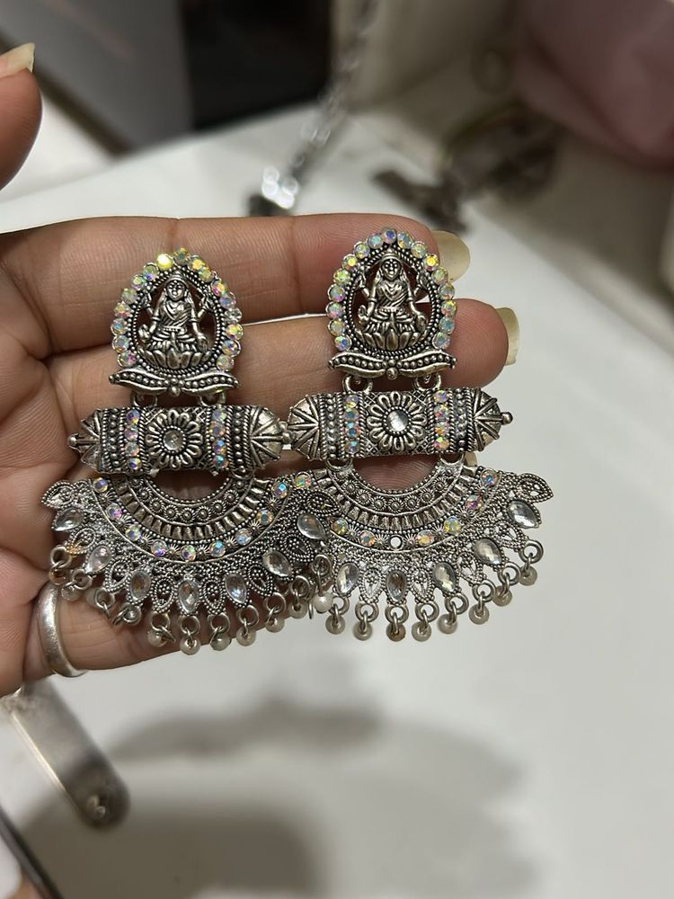 Exquisite Oxidized Earrings with Lakshmi Motif