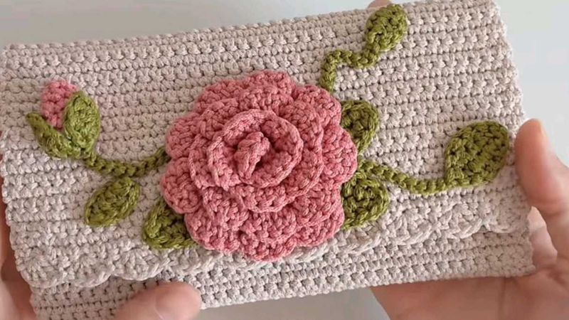 Handmade Crochet Clutch with Rose Design