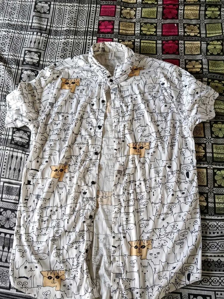 Funky Cat Print Short Sleeve Shirt