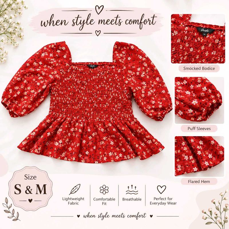 Red Floral Smocked Peplum Top