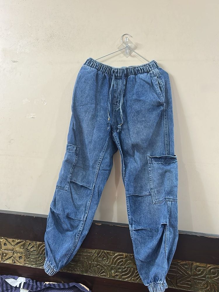 Blue Denim Cargo Jogger Pants