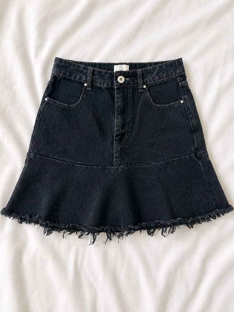 Black Denim Flounce Skirt with Frayed Hem