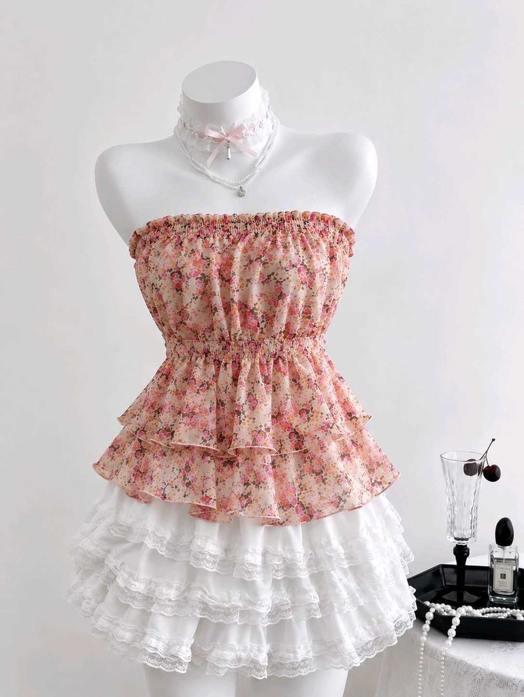 Pink Floral Print Off-Shoulder Tiered Ruffle Top