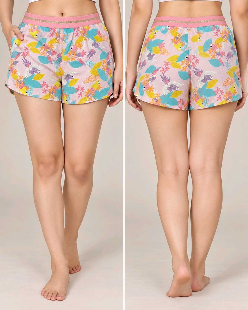 Women's Pink Parrot Print Cotton Shorts