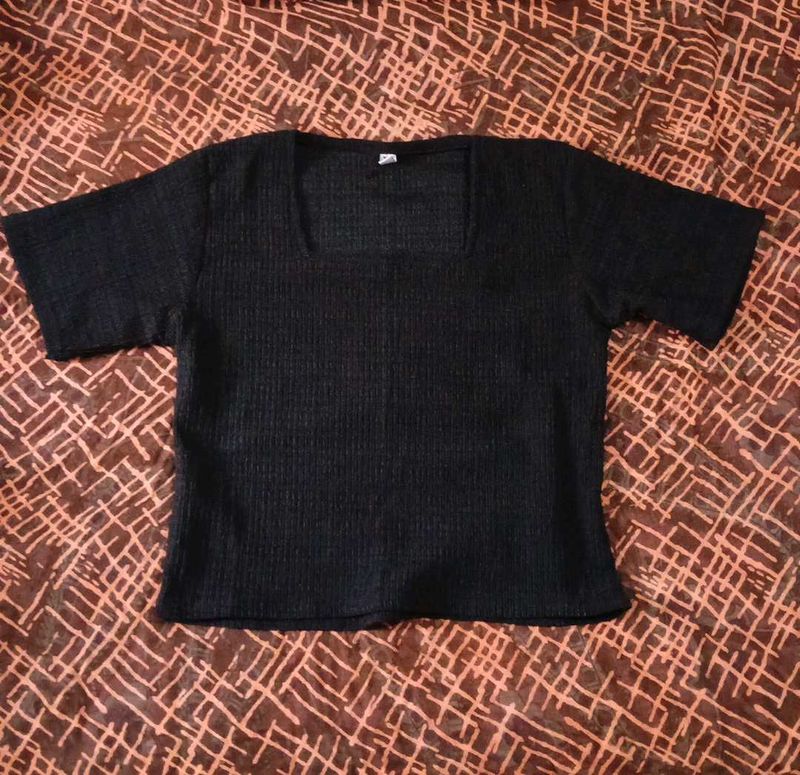 Black Ribbed Square Neck Top