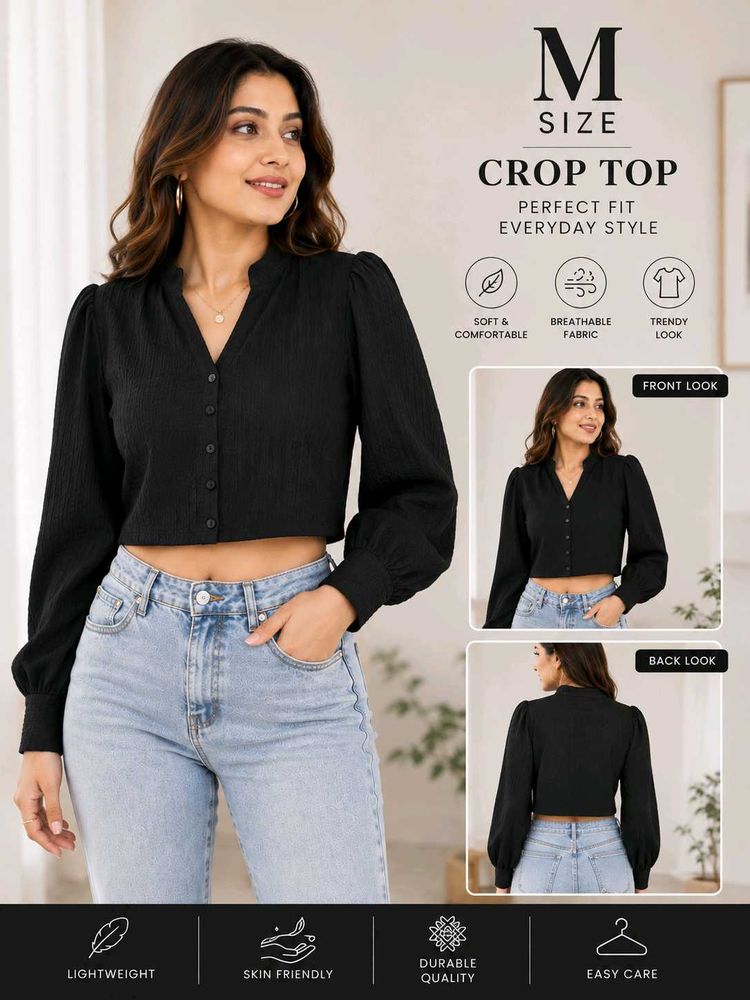 Black Crop Top with Puff Sleeves