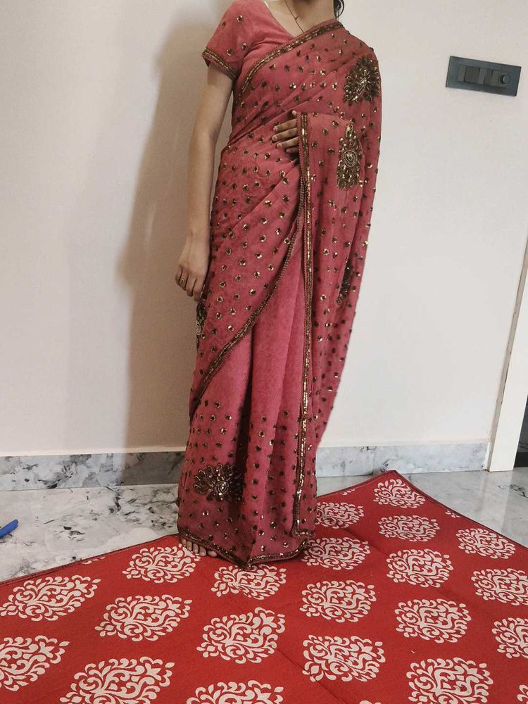 Elegant Pink Embellished Saree
