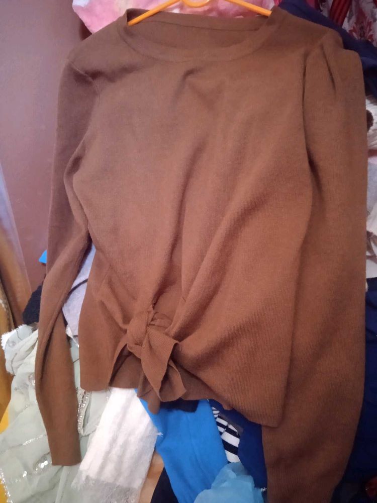 Brown Tie-Front Long Sleeve Top