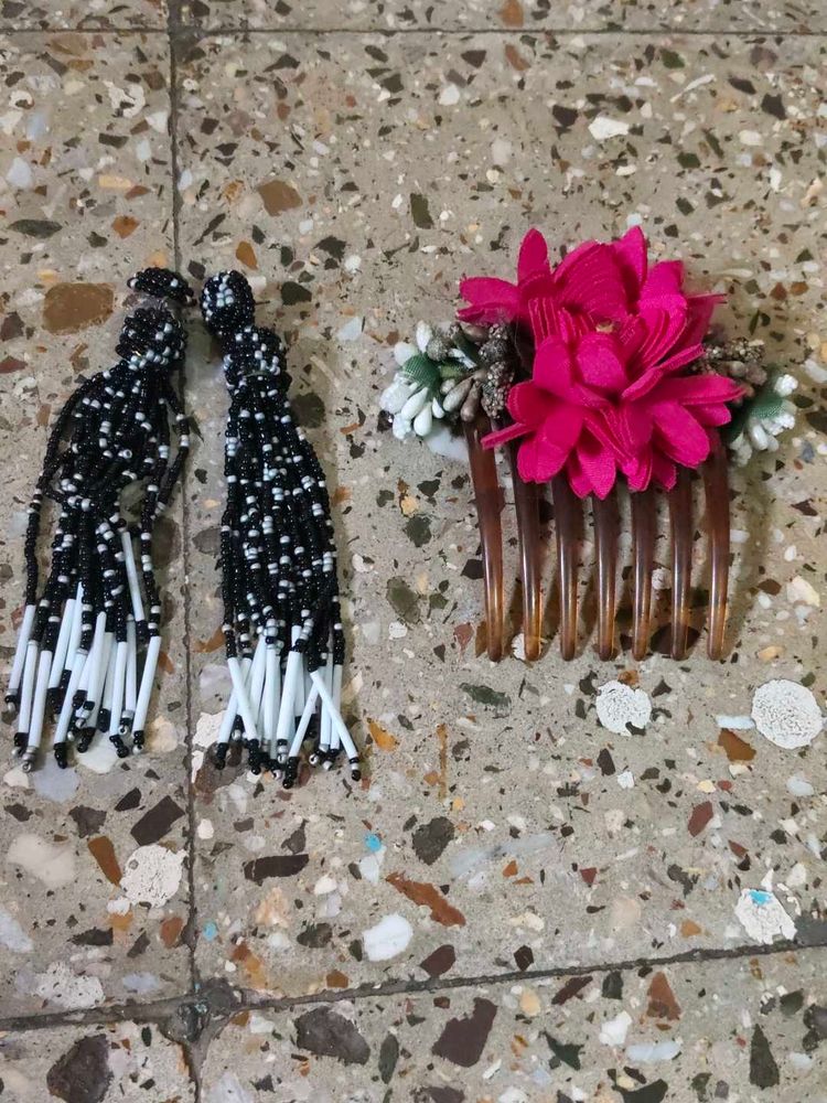 Beaded Tassel Earrings &amp; Floral Hair Comb
