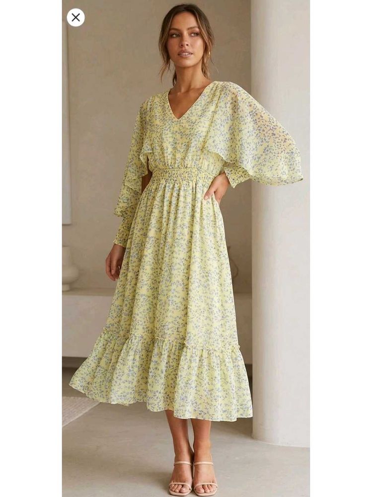 Floral Ditsy Print Butter Yellow Midi Dress💛