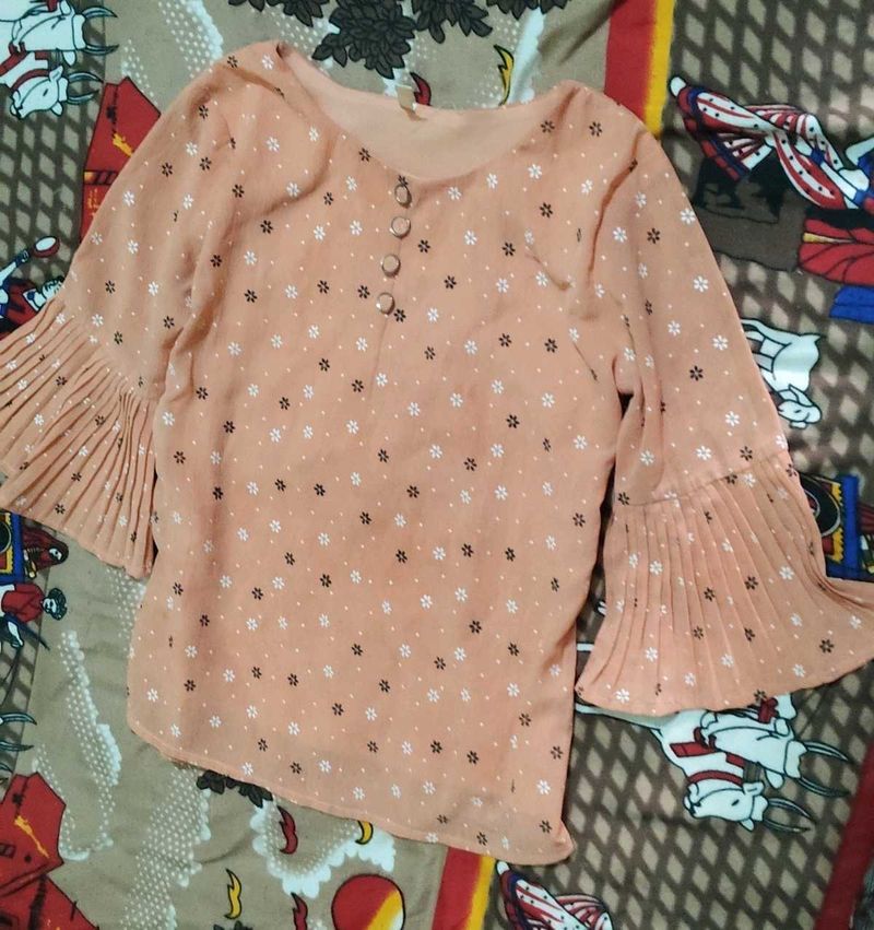 Chic Peach Floral Blouse with Bell Sleeves