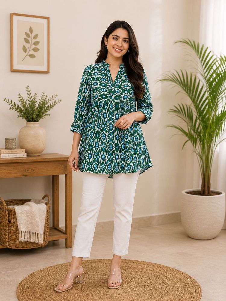 Green Ikat Print Kurta Top