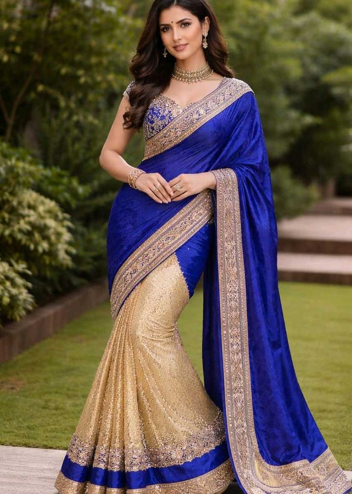 Stunning Blue &amp; Gold Embellished Saree
