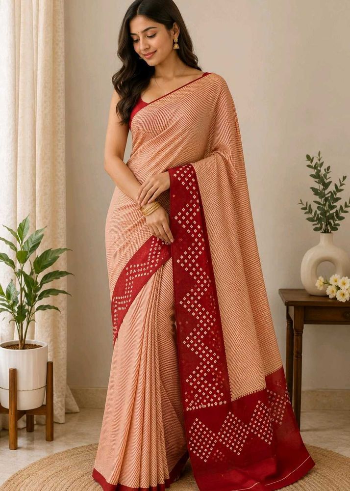 PEACH AND RED BANDHANI STYLE SAREE