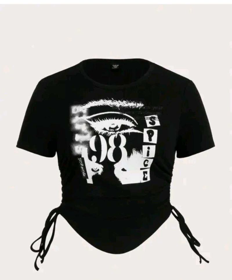 Graphic Print Ruched Drawstring Top