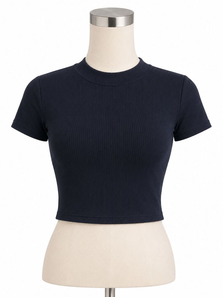 Navy Ribbed Mock Neck Crop Top